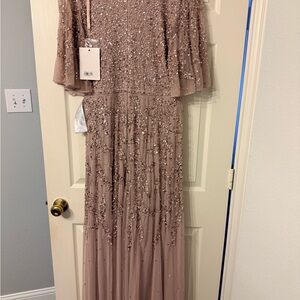 Mac Duggal Sequin Embellished Taupe Sheer Bodice Gown